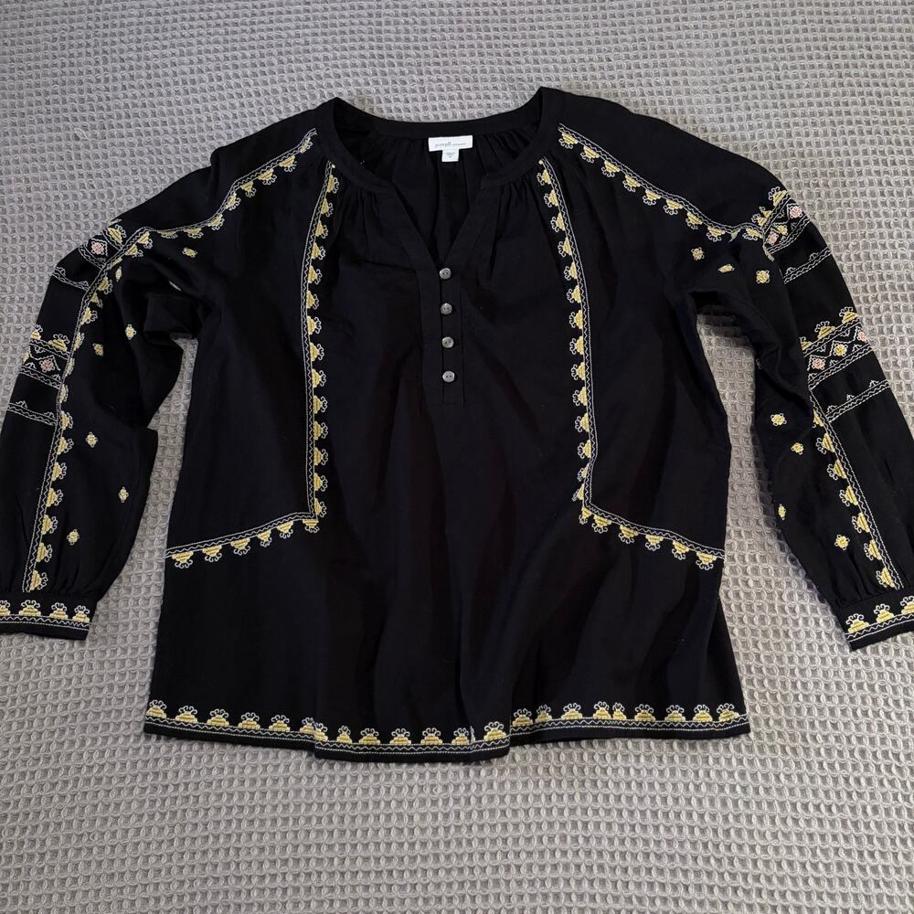 J.Jill Pure Jill Elements Black Embroidered Long Sleeve Blouse Womens Medium